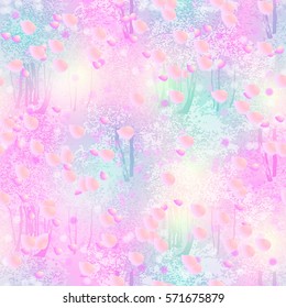 Vector seamless pattern with abstract illustration like spring garden trees with flying petals. Pink blue white gradient background with chaotic scribble texture, light yellow pink droplike elements.