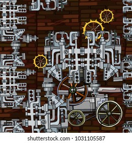 Vector seamless pattern. Abstract industrial background with fictional gearwheels and abstract details of machines illustrating retro technology or steampunk concept. Hand drawn.