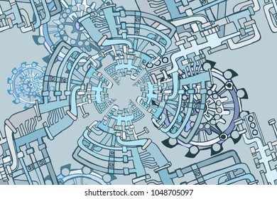 Vector seamless pattern. Abstract industrial background with fictional gearwheels and details of machines illustrating retro technology or steampunk concept. Hand drawn.