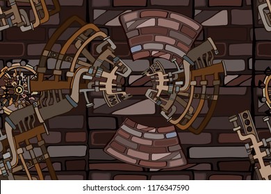 Vector seamless pattern. Abstract industrial background with fictional gearwheels and details of machines illustrating retro technology or steampunk concept. Hand drawn.