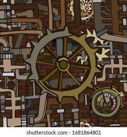 Vector seamless pattern. Abstract industrial background with fictional gear wheels and details of machine  illustrating retro technology or steampunk concept. Hand drawn.