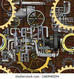 Vector seamless pattern. Abstract industrial background with fictional gearwheels and abstract details of machines illustrating retro technology or steampunk concept. Hand drawn.