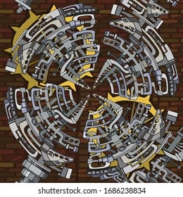 Vector seamless pattern. Abstract industrial background with fictional gearwheels and abstract details of machines illustrating retro technology or steampunk concept. Hand drawn.