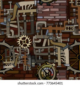 Vector seamless pattern. Abstract industrial background with fictional gearwheels and details of machines illustrating retro technology or steampunk concept. Hand drawn.