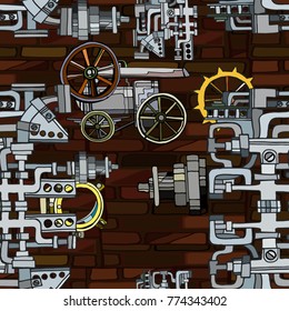 Vector seamless pattern. Abstract industrial background with fictional gearwheels and abstract details of machines illustrating retro technology or steampunk concept. Hand drawn.