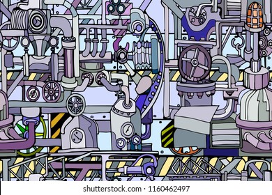 Vector seamless pattern with abstract industry or steampunk background. Fantasy technology or factory illustration with decorative machine sketch elements. 
Hand drawn.
