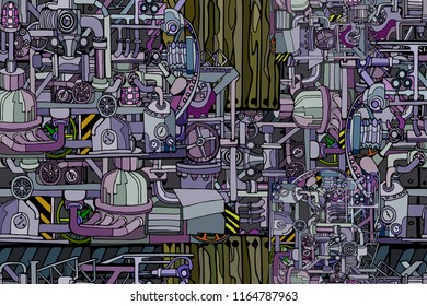 Vector seamless pattern with abstract industry or steampunk background. Fantasy technology or factory illustration with decorative machine sketch elements. 
Hand drawn.