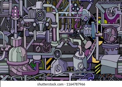 Vector seamless pattern with abstract industry or steampunk background. Fantasy technology or factory illustration with decorative machine sketch elements. 
Hand drawn.