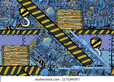 Vector seamless pattern with abstract industry or steampunk background. Fantasy technology or factory illustration with decorative machine sketch elements. 
Hand drawn.