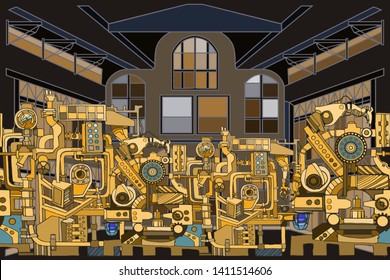 Vector seamless pattern with abstract industry or steampunk background. Fantasy technology or factory illustration with decorative machine sketch elements and robotic arms. Hand drawn.