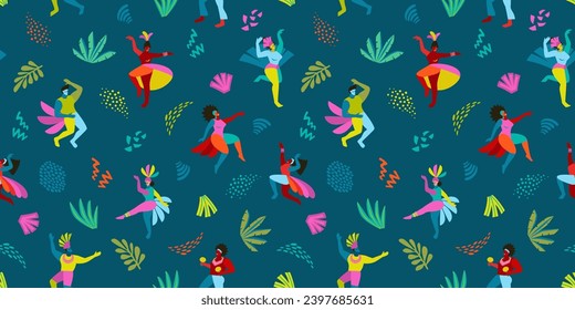 Vector seamless pattern with abstract men and women in bright costumes. Brazil carnival. Design templates for carnival concept and other use