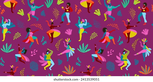 Vector seamless pattern with abstract men and women in bright costumes. Brazil carnival. Design templates for carnival concept and other use