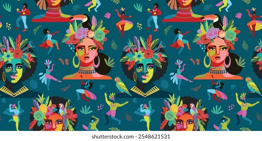 Vetor padrão sem emenda com homens e mulheres abstratos em trajes brilhantes. Carnaval no Brasil. Modelos de design para o conceito de carnaval e outros usos