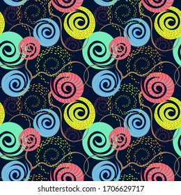 Vector seamless pattern. Abstract modern texture with hand drawn elements, swirls, spirals, organic shapes, dots. Background in acid vibrant color. Stylish repeat design for covers, wallpapers, print