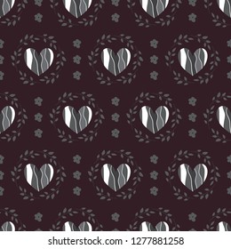 Vector seamless pattern. Abstract monochrome heart in a geometric collage from silhouettes of twigs. Hearts arranged. Illustration of a background filled with a stylish texture. Black and white.