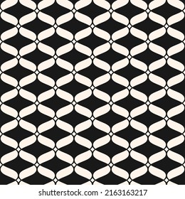 Vector seamless pattern. Abstract monochrome background with wavy mesh, lattice, curved grid. Black and white graphic texture of weaving, net, lace. Elegant repeat design for decor, wallpaper, print