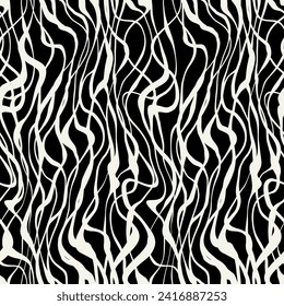 Vector seamless pattern. Abstract monochrome texture. Confused monochrome wavy elements. Creative hand made background. Decorative black and white abstract design.