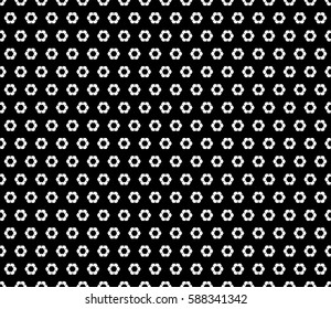 Vector seamless pattern, abstract monochrome background with simple geometric figures, small rippled hexagons. Black & white geometric texture, dark version. Design for prints, decoration, textile 