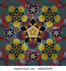 Vector seamless pattern with abstract motley ornament. Yellow, blue and gray texture.
