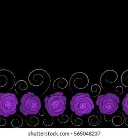 Vector seamless pattern with abstract neutral and violet roses. Decorative floral background with horizontal flowers of roses with copy space (place for your text).