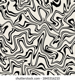 Vector seamless pattern. Abstract op art texture with bold monochrome wavy stripes. Creative background with distorted lines. Decorative black and white striped design with distortion effect.