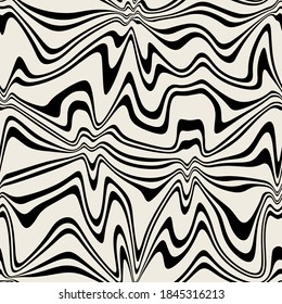 Vector seamless pattern. Abstract op art texture with bold monochrome wavy stripes. Creative background with distorted lines. Decorative black and white striped design with distortion effect.