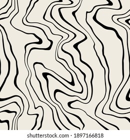 Vector seamless pattern. Abstract op art texture with bold monochrome wavy stripes. Creative background with distorted lines. Decorative black and white striped design with distortion effect.