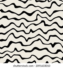 Vector seamless pattern. Abstract op art texture with monochrome wavy stripes. Creative background with distorted spots. Decorative black striped design with distortion effect.