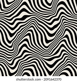 Vector seamless pattern. Abstract op art texture with bold monochrome wavy stripes. Creative background with distorted lines. Decorative black and white striped design with distortion effect.