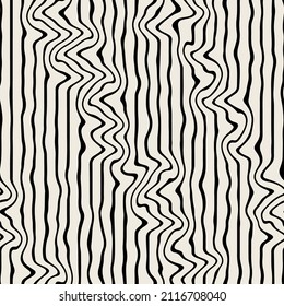 Vector seamless pattern. Abstract op art texture with bold monochrome wavy stripes. Creative background with distorted lines. Decorative black and white striped design with distortion effect.