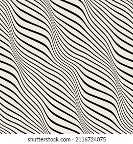 Vector seamless pattern. Abstract op art texture with bold monochrome wavy stripes. Creative background with distorted lines. Decorative black and white striped design with distortion effect.