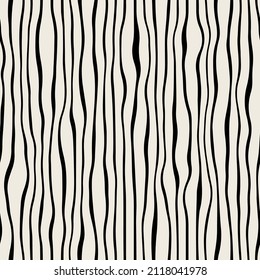 Vector seamless pattern. Abstract op art texture with bold monochrome wavy stripes. Creative background with distorted lines. Decorative black and white striped design with distortion effect.