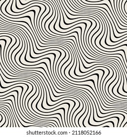 Vector seamless pattern. Abstract op art texture with bold monochrome wavy stripes. Creative background with distorted lines. Decorative black and white striped design with distortion effect.