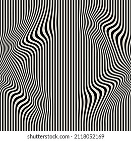 Vector seamless pattern. Abstract op art texture with bold monochrome wavy stripes. Creative background with distorted lines. Decorative black and white striped design with distortion effect.