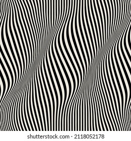 Vector seamless pattern. Abstract op art texture with bold monochrome wavy stripes. Creative background with distorted lines. Decorative black and white striped design with distortion effect.