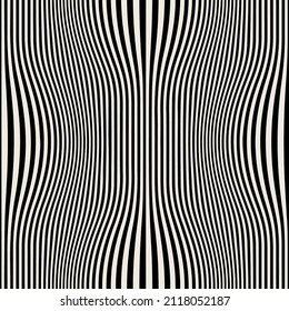 Vector seamless pattern. Abstract op art texture with bold monochrome wavy stripes. Creative background with distorted lines. Decorative black and white striped design with distortion effect.