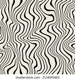Vector seamless pattern. Abstract op art texture with bold monochrome wavy stripes. Creative background with distorted lines. Decorative black and white striped design with distortion effect.