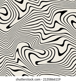 Vector seamless pattern. Abstract op art texture with bold monochrome wavy stripes. Creative background with distorted lines. Decorative striped design.