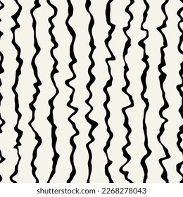 Vector seamless pattern. Abstract op art texture with bold monochrome wavy stripes. Creative background with distorted lines. Decorative black and white striped design.