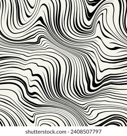 Vector seamless pattern. Abstract op art texture with thin monochrome wavy stripes. Creative background with distorted lines. Decorative black and white striped design.