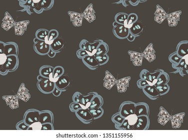 Vector seamless pattern with abstract orchids and butterflies.