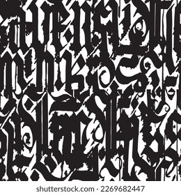 Vector seamless pattern: abstract ornament from letters in gothic font, blots. Black and white monochrome design for textile, fabric, wallpaper, wrapping paper.