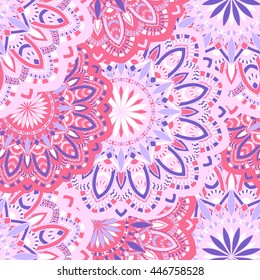 Vector seamless pattern with abstract ornament. Round mandala pattern for printing on fabric or paper. Ornamental doodle background.