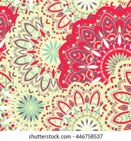 Vector seamless pattern with abstract ornament. Round mandala pattern for printing on fabric or paper. Ornamental doodle background.