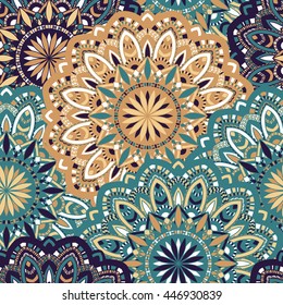 Vector seamless pattern with abstract ornament. Round mandala pattern for printing on fabric or paper. Ornamental doodle background.