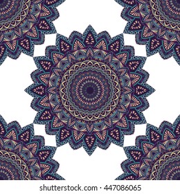 Vector seamless pattern with abstract ornament. Round mandala pattern for printing on fabric or paper. Ornamental doodle background.
