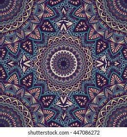 Vector seamless pattern with abstract ornament. Round mandala pattern for printing on fabric or paper. Ornamental doodle background.