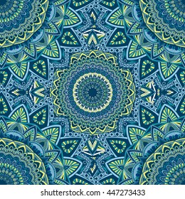 Vector seamless pattern with abstract ornament. Round mandala pattern for printing on fabric or paper. Ornamental doodle background.