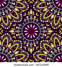 Vector seamless pattern with abstract ornament. Round mandala pattern for printing on fabric or paper. Ornamental doodle background.