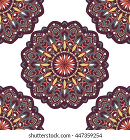Vector seamless pattern with abstract ornament. Round mandala pattern for printing on fabric or paper. Ornamental doodle background.